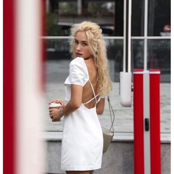 Zara Blogger Fave Linen Blend White Puff Sleeve Strappy Back Mini Dress SZ L NEW - Picture 1 of 6